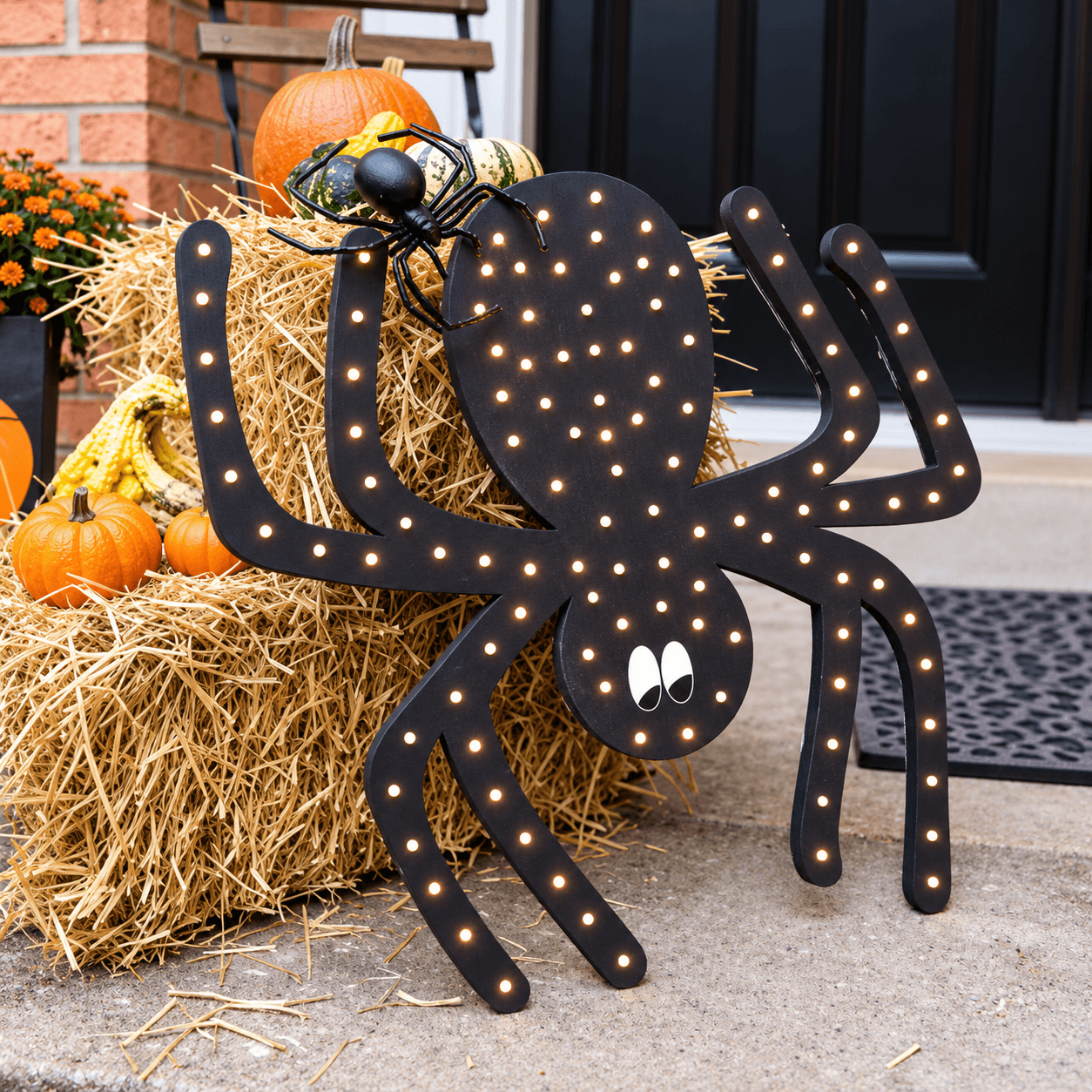 Glowing black spider decoration with white eyes displayed beside hay bales and pumpkins on a Halloween-decorated front porch.