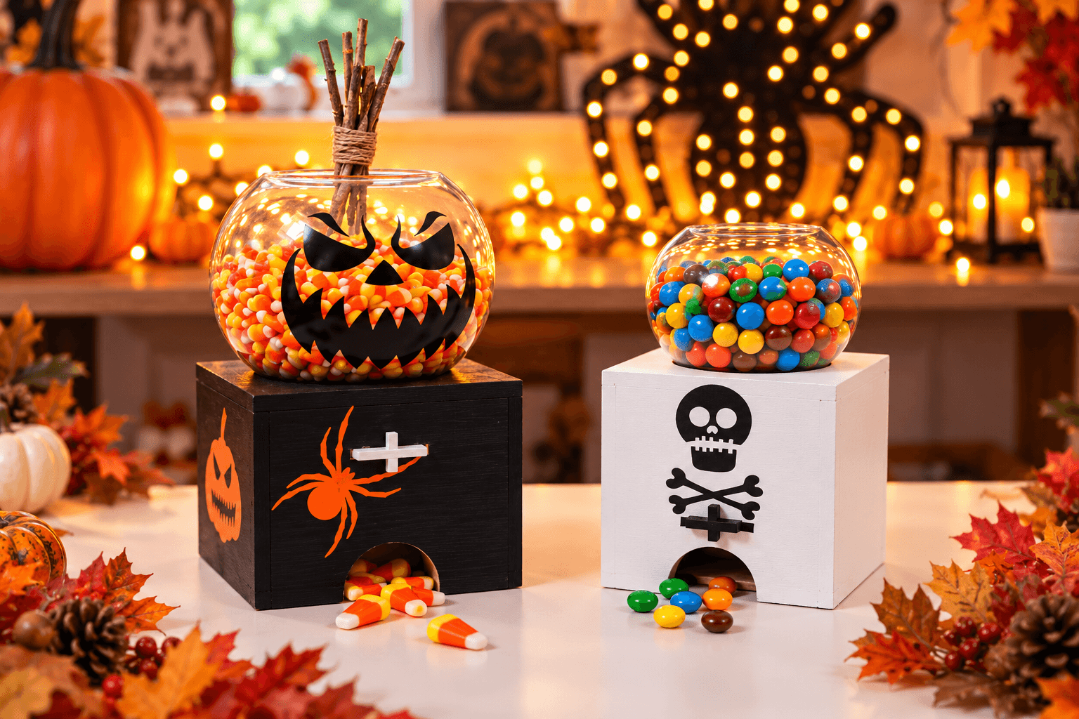 Cozy Halloween lounge inside a backyard gazebo with black cushioned chairs, red velvet curtains, glowing candles, and spiderweb decor.
