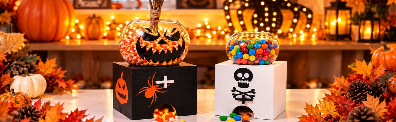 Two DIY Halloween candy dispensers featuring a black jack-o’-lantern box filled with candy corn and a white skull-themed box filled with colorful candies, surrounded by pumpkins, autumn decorations, and warm lights.