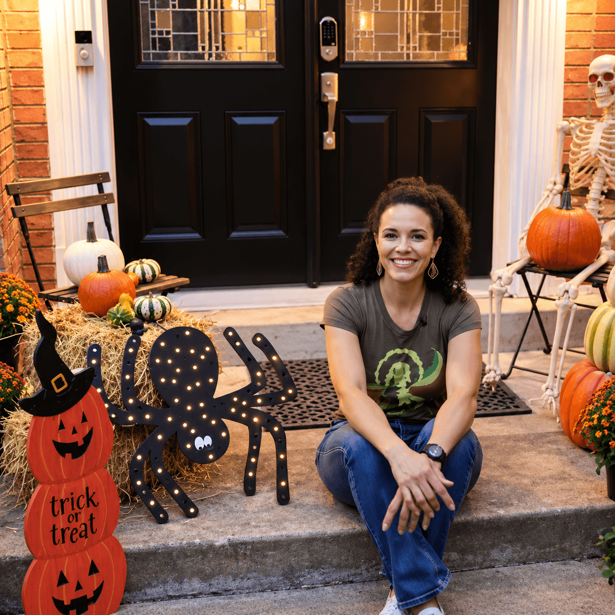 Person sitting on a Halloween-decorated front porch beside a glowing black spider decoration, surrounded by pumpkins, hay bales, flowers, a skeleton, and a trick-or-treat sign.